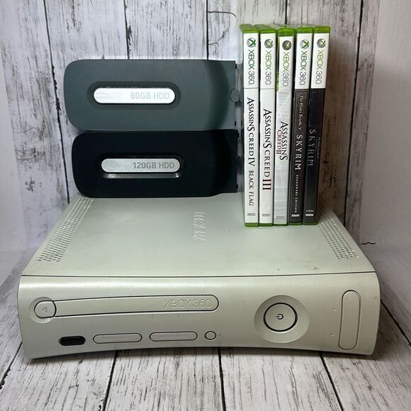 XBox 360 Console with Cords and 5 Games 60GB HDD and 120GB HDD Assasins Creed